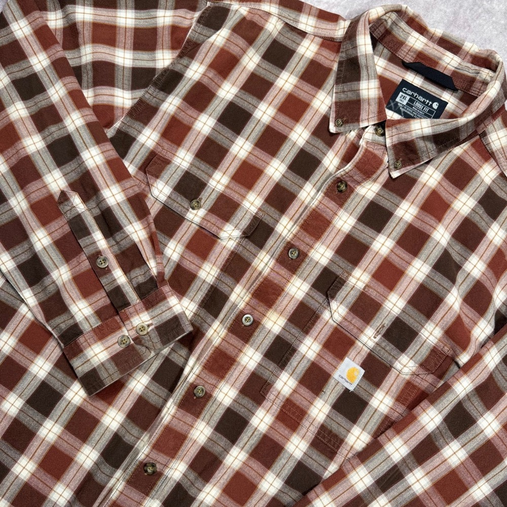 Carhartt Mens 2XL Tall Loose Fit Plaid Button Down Shirt Brown 104910 R25
